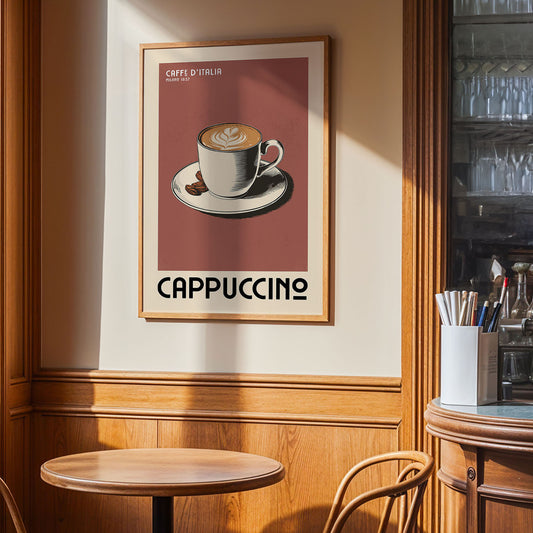 a framed poster of a cup of cappuccino hanging on a wall, with a wooden table and chairs in the foreground.