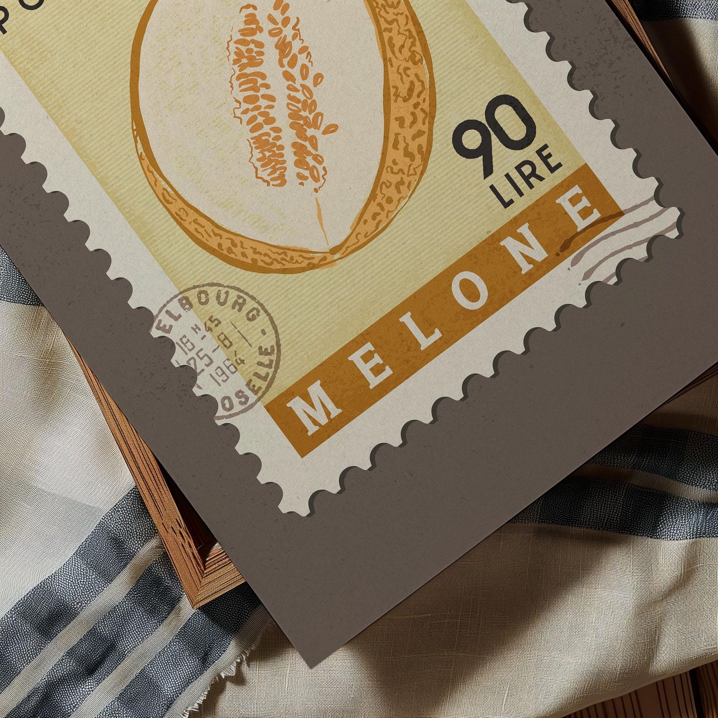 a close-up of a postage stamp from Melone, depicting a melon.
