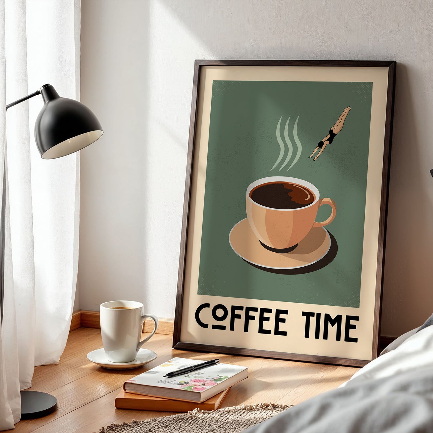 a framed poster with a coffee cup and steam, accompanied by the text "COFFEE TIME" on a wooden floor.