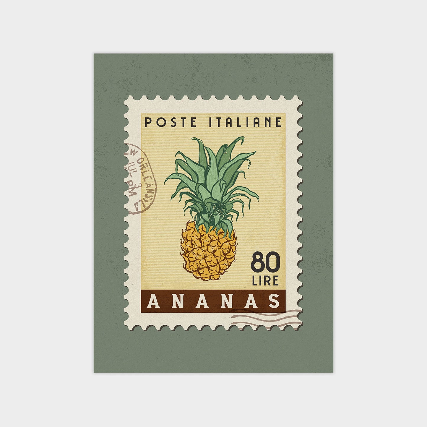 The image is a postage stamp featuring a pineapple illustration.