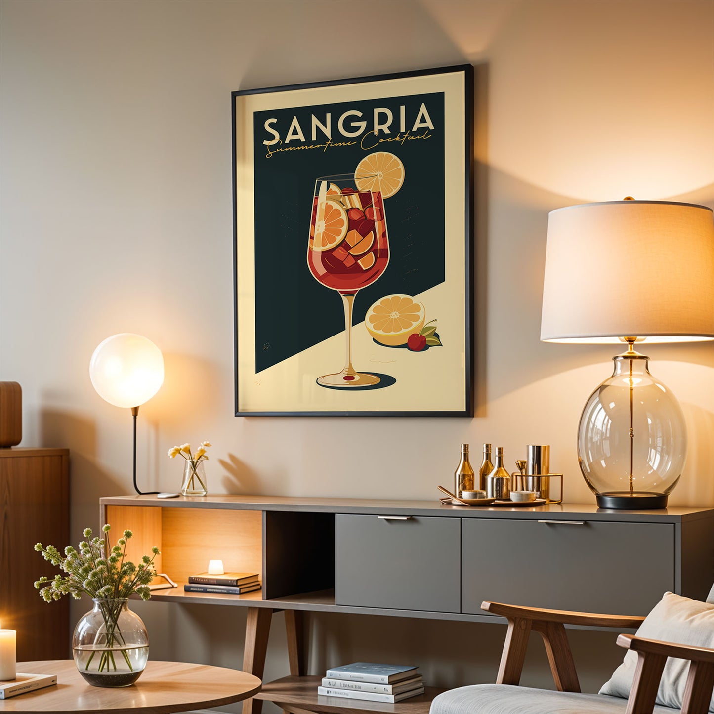 a framed poster of a glass of Sangria cocktail hanging on a wall in a living room setting.
