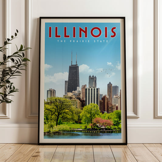 A framed poster of the Chicago skyline, with the text "ILLINOIS THE PRAIRIE STATE" prominently displayed.