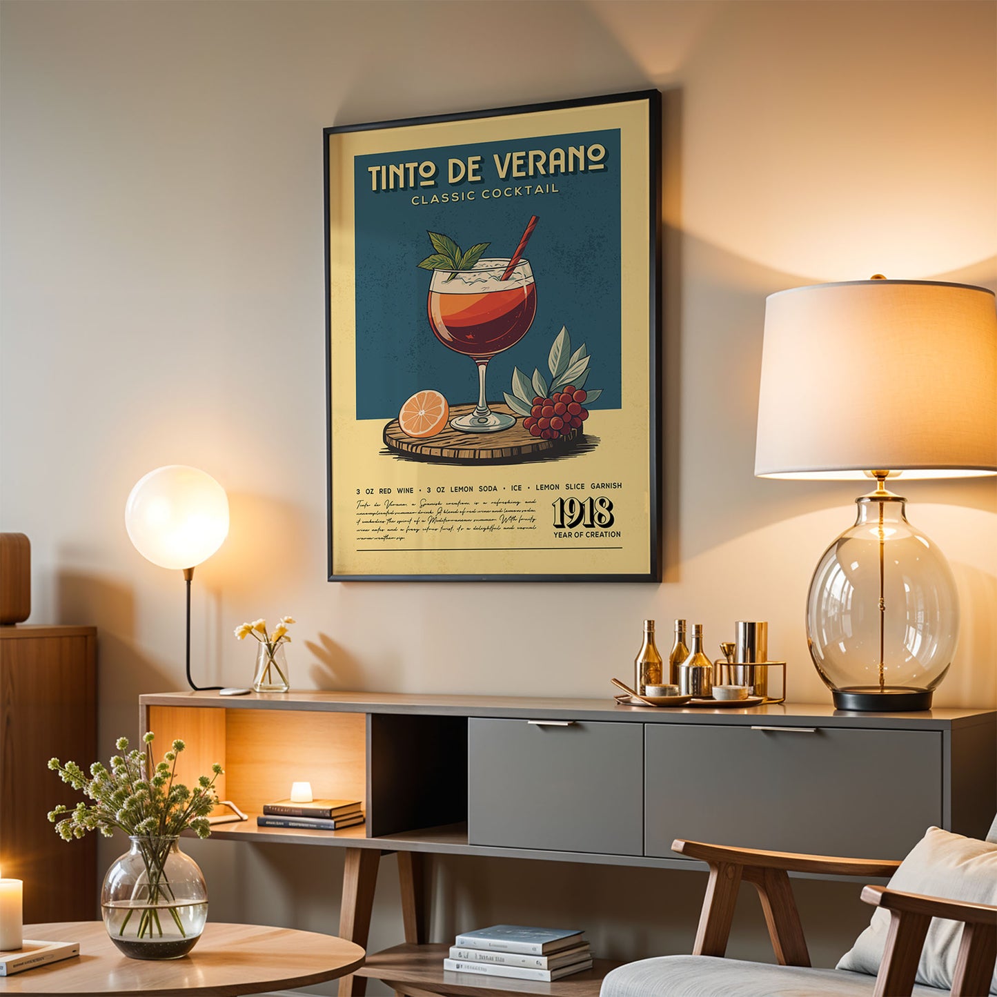 a poster of a classic cocktail hanging on a wall in a living room.