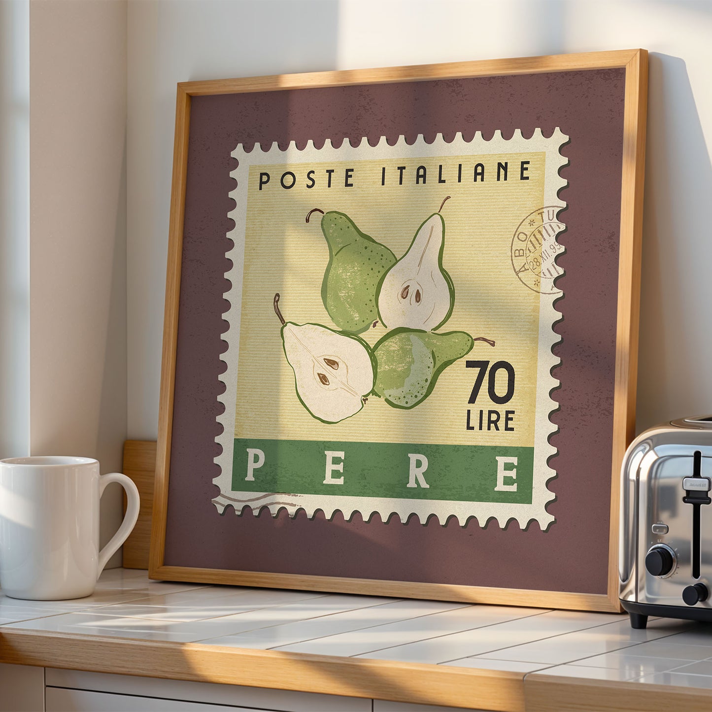 a framed stamp-like artwork depicting three pears on a yellow background, with the text "POSTE ITALIANE 70 LIRE PERE" printed on it.
