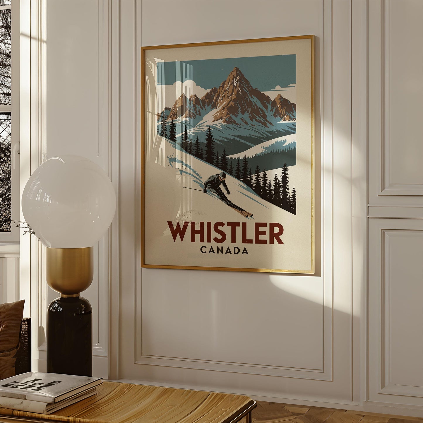 a poster of a skier is hanging on a wall
