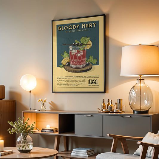 a framed poster of a Bloody Mary cocktail hanging on a wall in a living room setting.