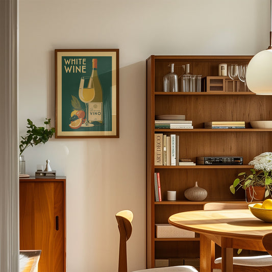 a cozy living room with a wooden bookshelf, a framed poster of wine, and a wooden cabinet. The room has a warm and inviting atmosphere, with natural light streaming in from the window.