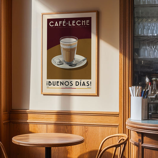 a framed poster of a cup of coffee on a table, with the text "Café Leche" and "IBUENOS DÍAS!" displayed on the poster.