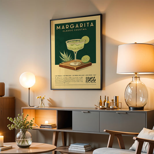 a framed poster of a margarita cocktail hanging on a wall in a living room.