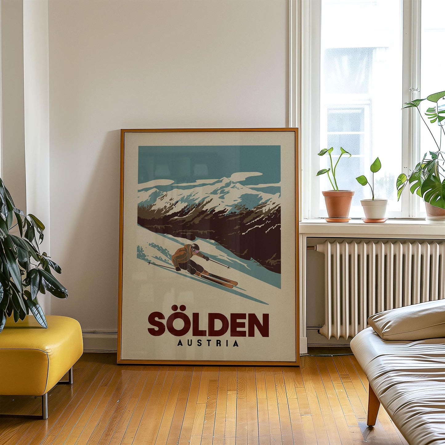 a poster of a skier skiing down a mountain