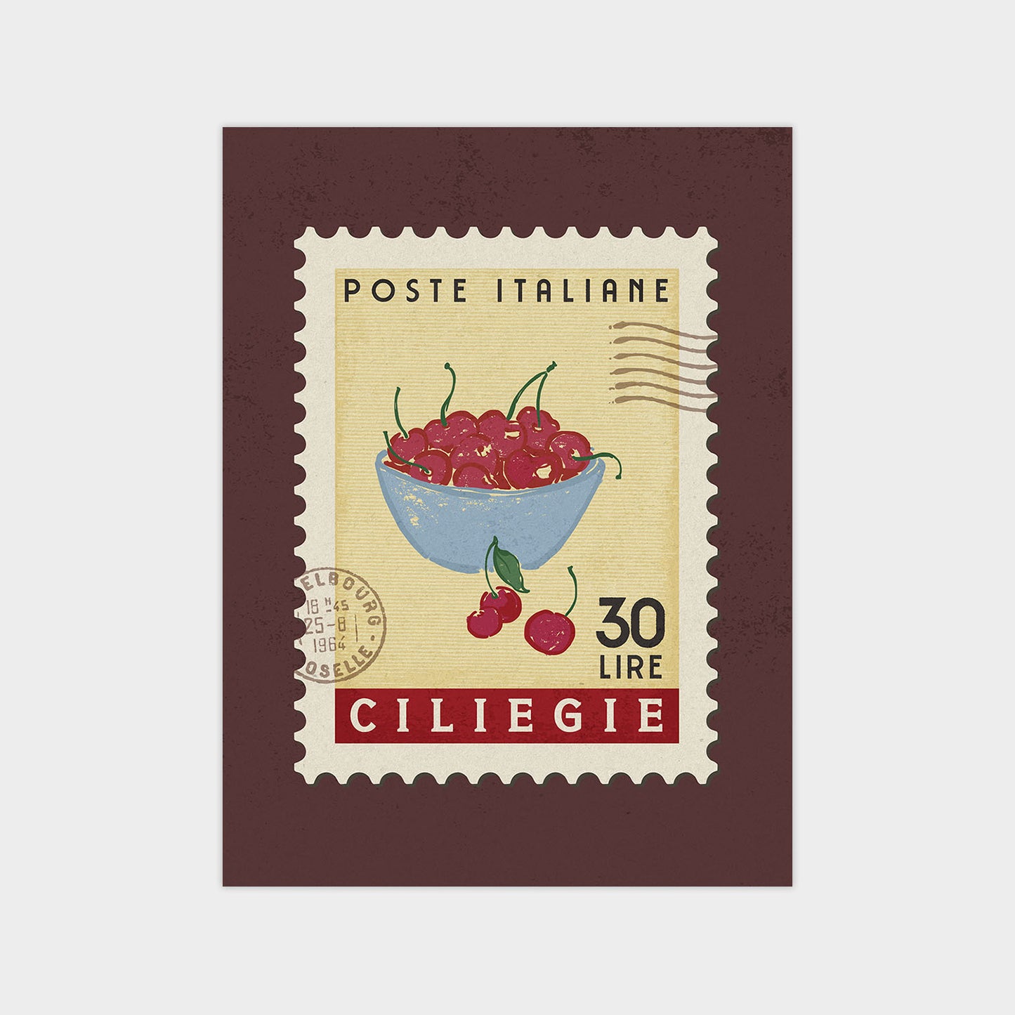 A postage stamp from Ciliegie, Italy, featuring a bowl of cherries.