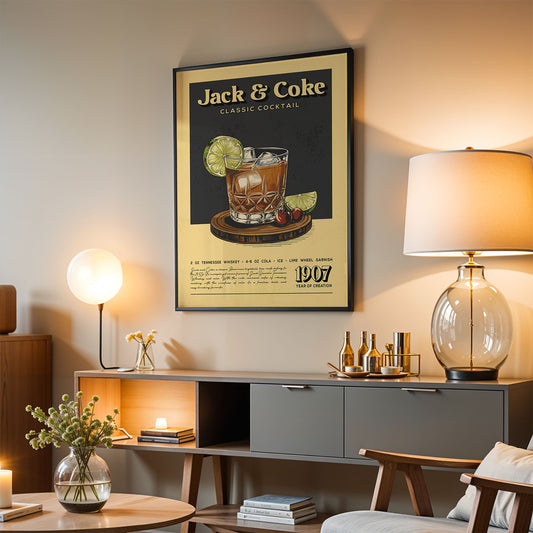 a poster of a classic cocktail, specifically a Jack and Coke, hanging on a wall in a living room setting.