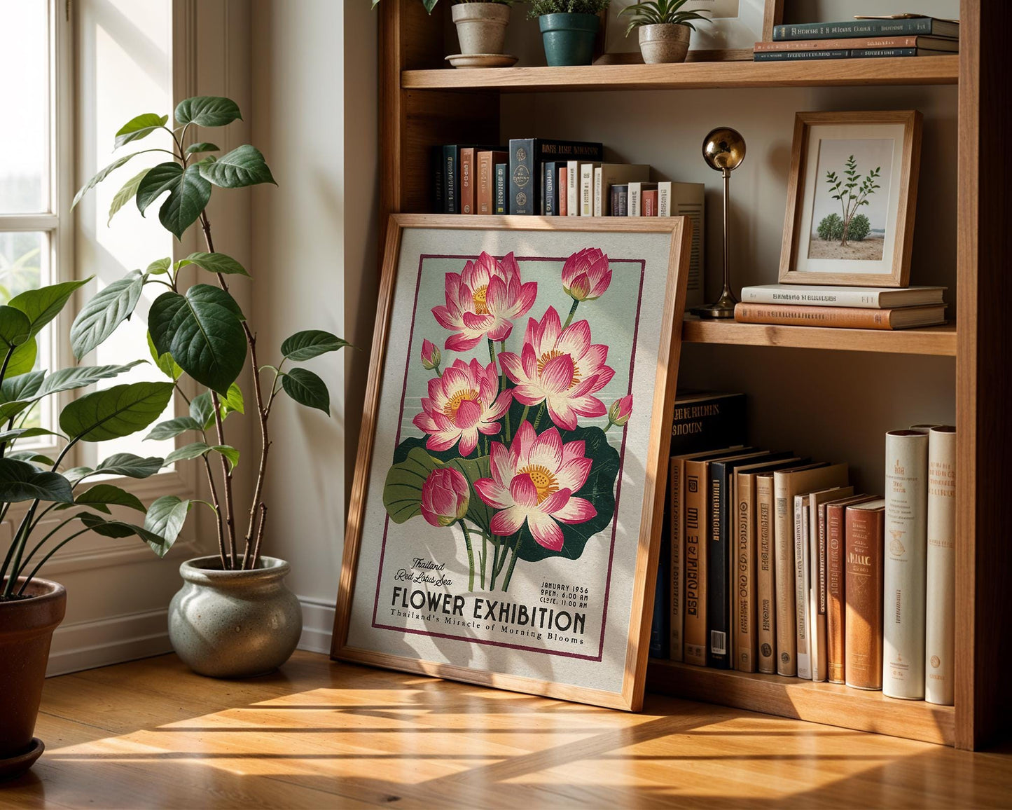 a picture of a flower exhibition in front of a bookshelf
