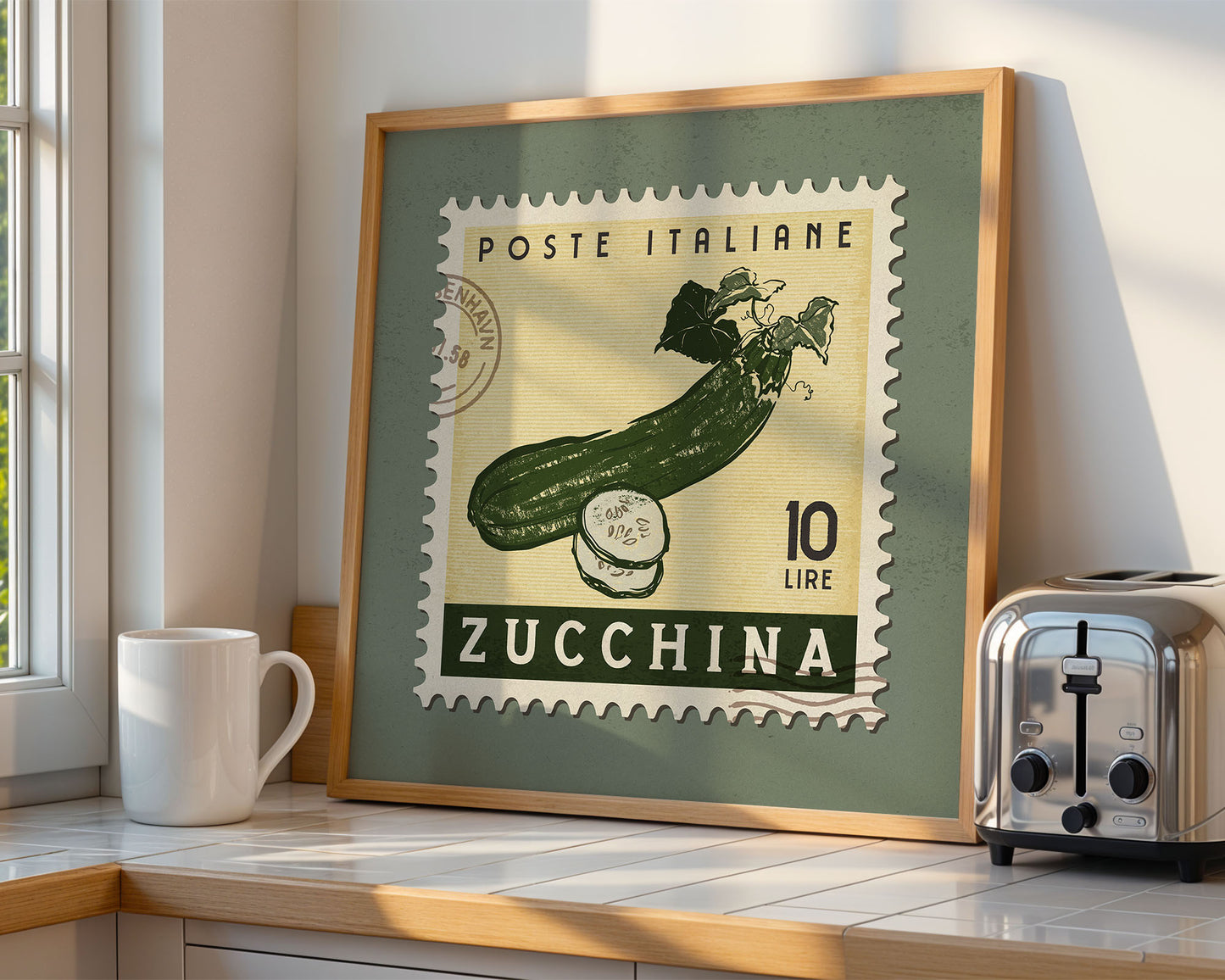 a poster of a cucumber on a counter next to a toaster