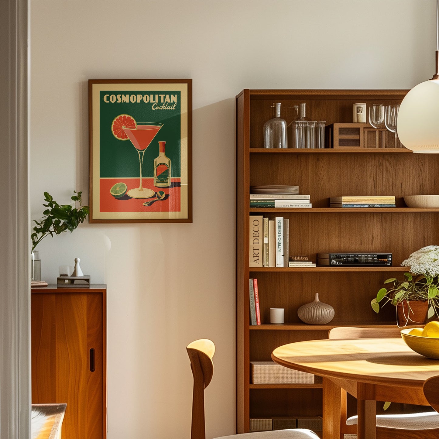 a cozy living room with a wooden bookshelf, a framed poster of a cocktail, and a wooden cabinet. The room has a warm and inviting atmosphere, with a dining table and chairs in the foreground.