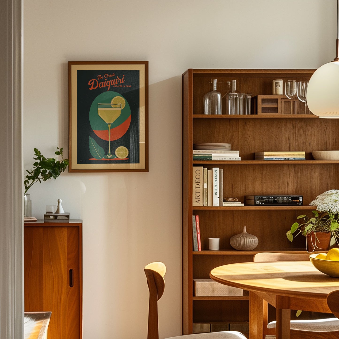 a cozy living room with a wooden bookshelf, a framed poster of a cocktail, and a wooden cabinet. The room has a warm and inviting atmosphere, with natural light streaming in from the window.