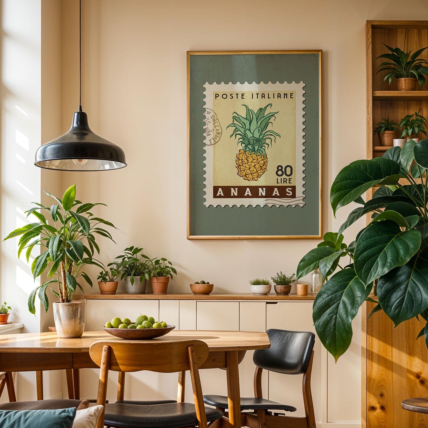 a cozy dining area with a wooden table, chairs, and a potted plant. A framed stamp with a pineapple design hangs on the wall above the table, and a hanging light fixture illuminates the space.