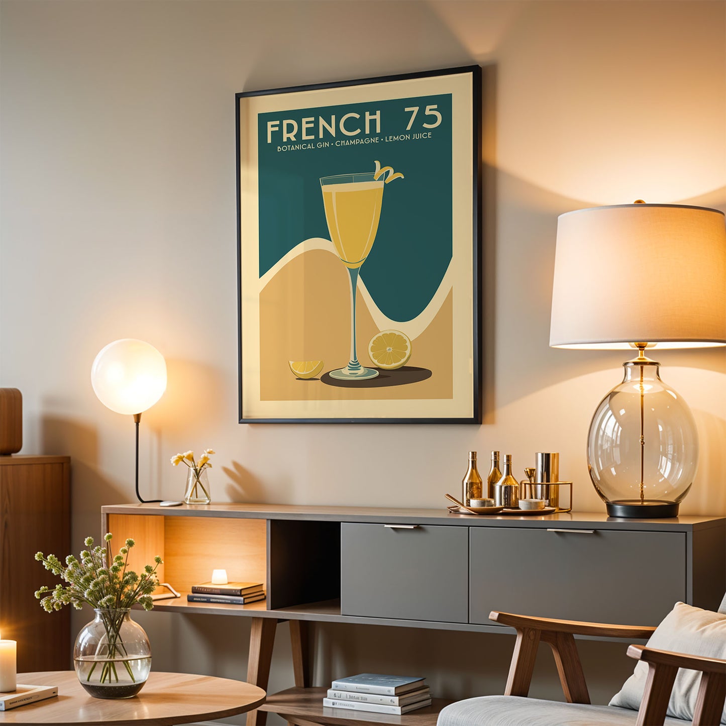 a living room with a framed poster of a glass of wine hanging on the wall, a wooden sideboard with various items on it, and a lamp on a table.