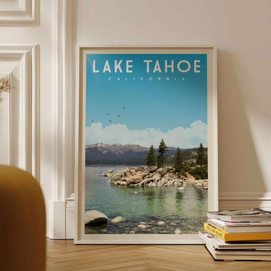 A framed poster of Lake Tahoe, California, featuring a scenic landscape with mountains, trees, and a lake.