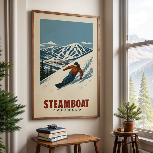 A framed poster of a snowboarder on a mountain slope, with the text "STEAMBOAT COLORADO" below it, is displayed on the wall in a room with a window and a small table with books and a plant.