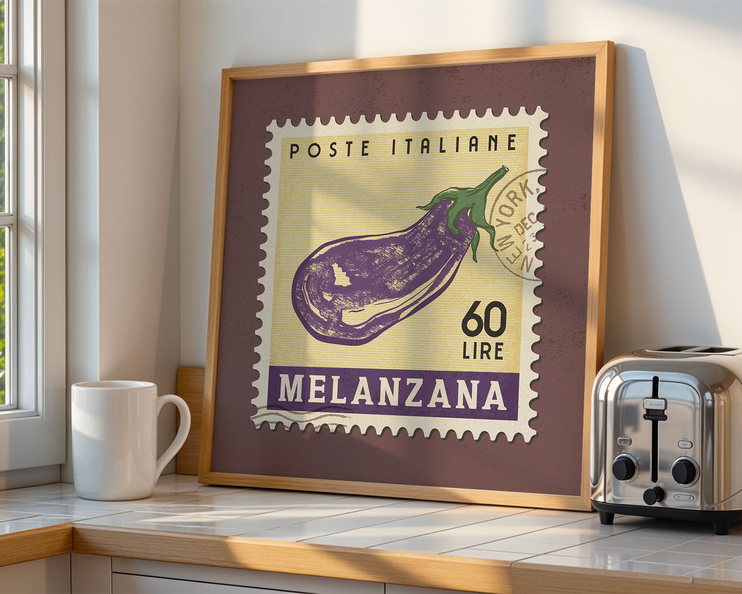 a picture of a purple eggplant on a kitchen counter