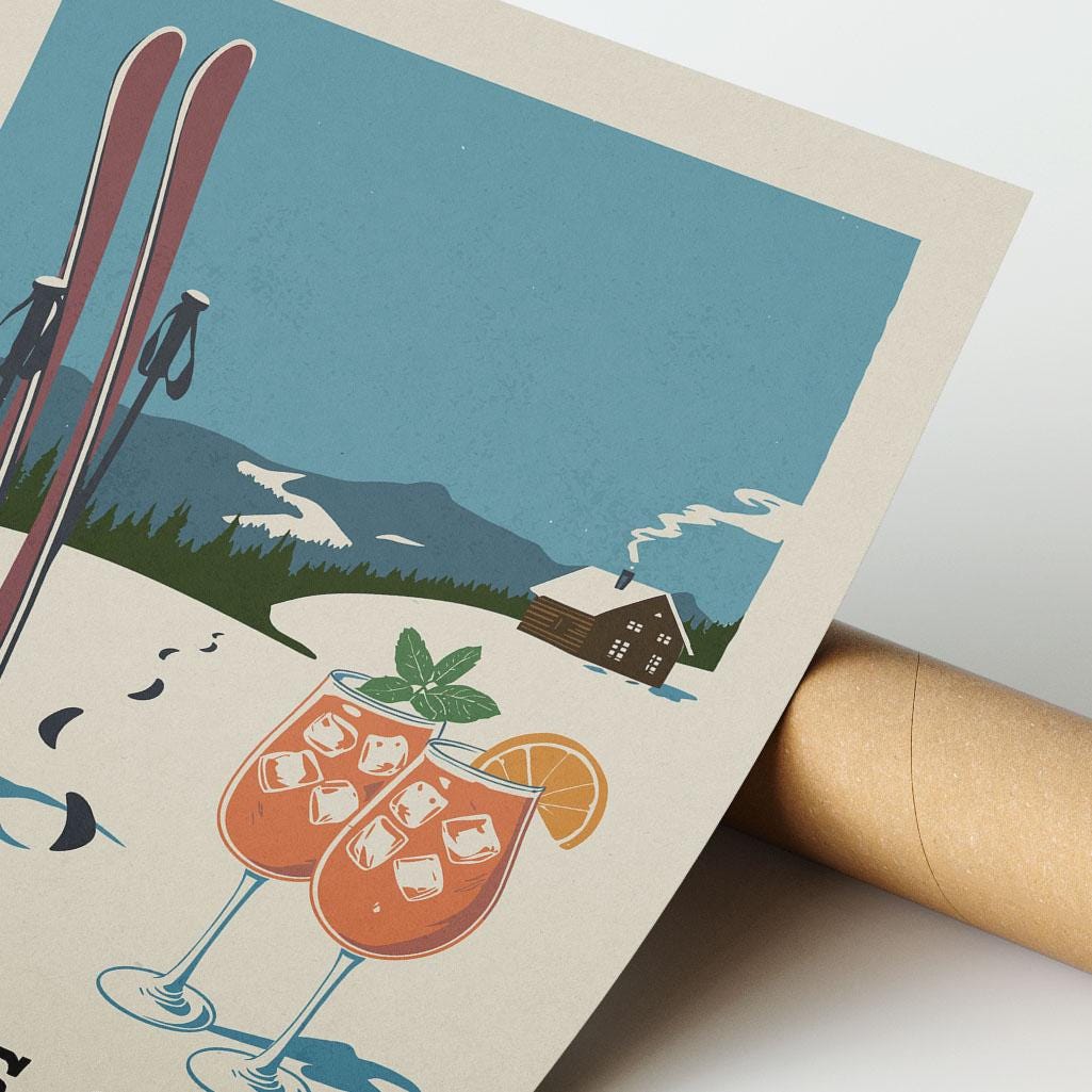 a pair of skis and two glasses of wine