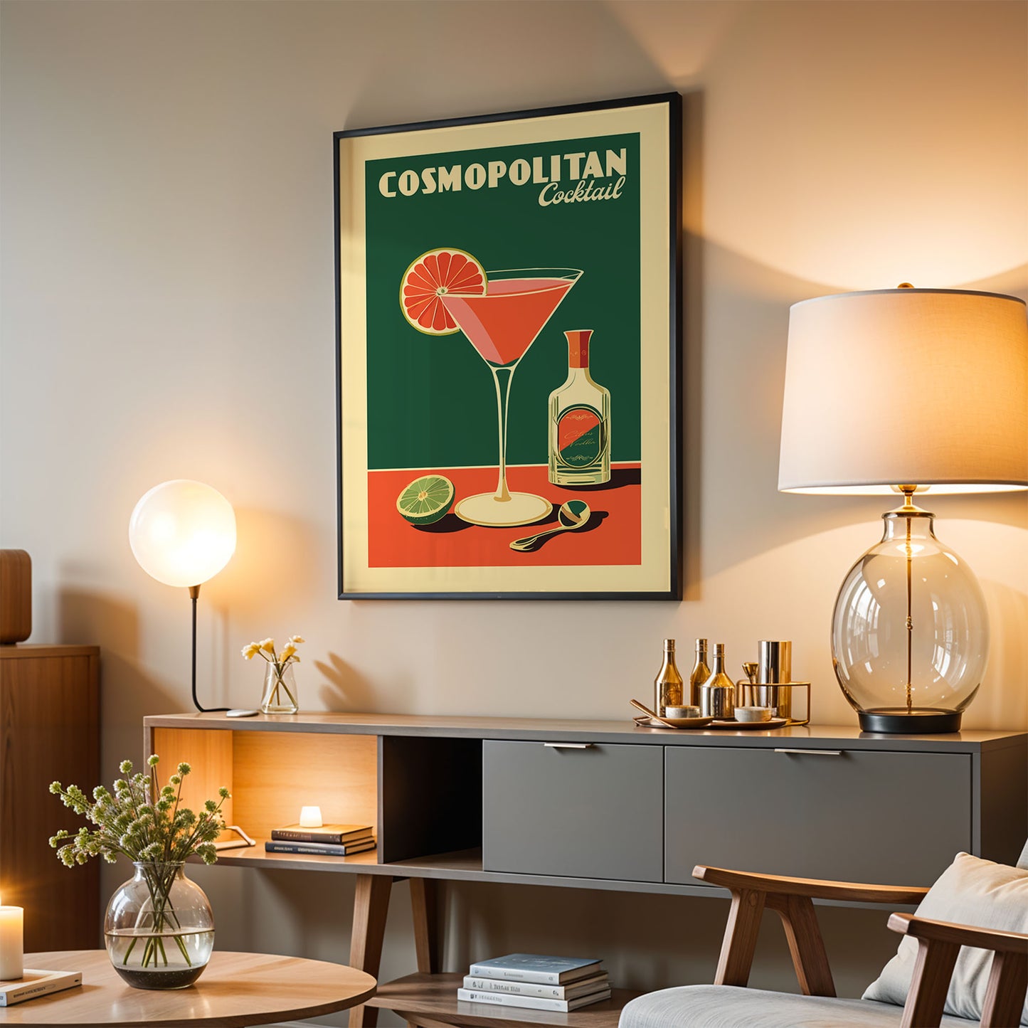 a framed poster of a Cosmopolitan cocktail hanging on a wall in a living room setting.