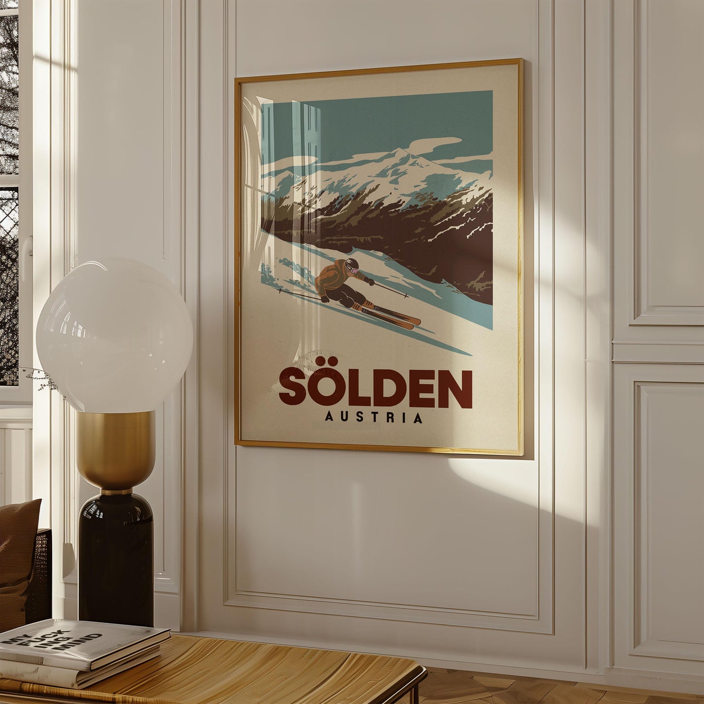 a picture of a skiier on a wall in a living room