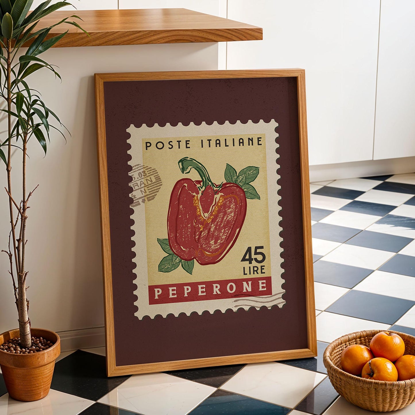 a picture of a red pepper on a postage stamp