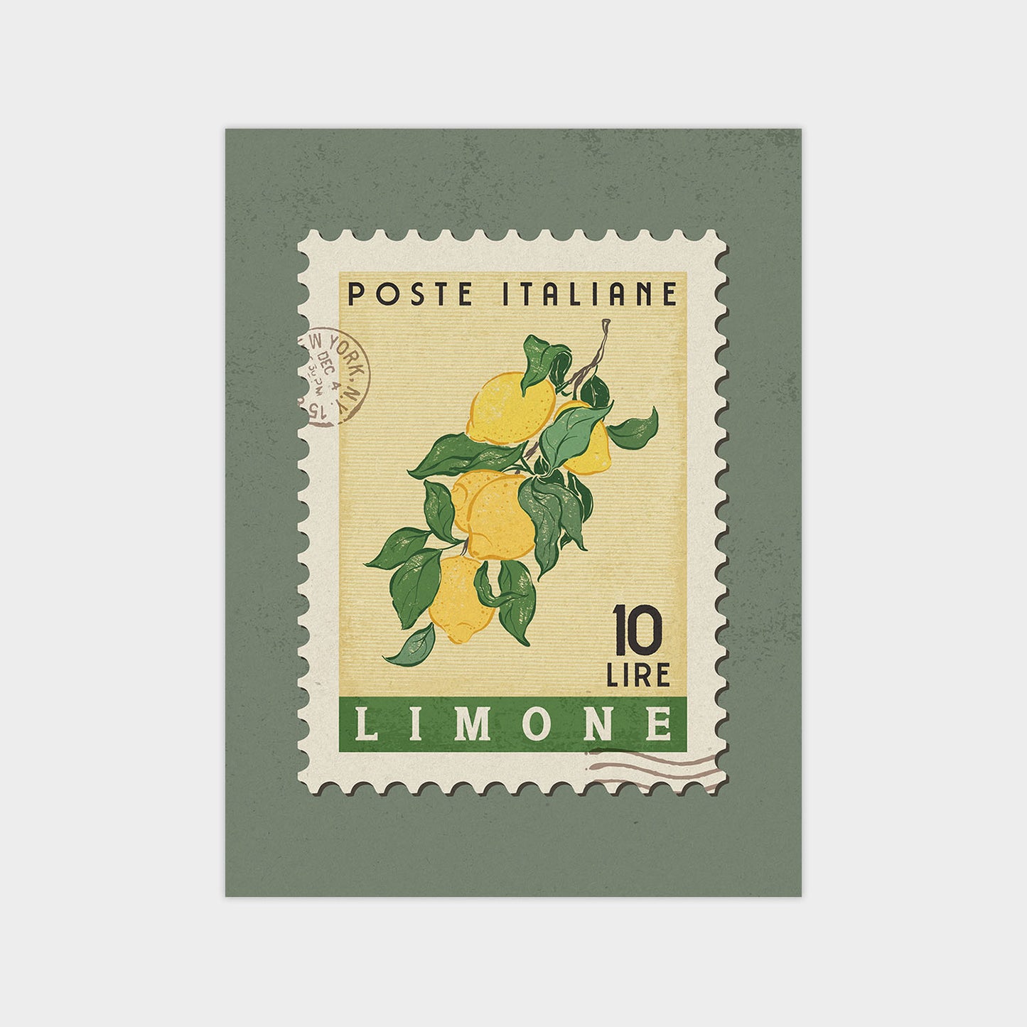 A postage stamp featuring a lemon tree illustration, with the text "POSTE ITALIANE" and "10 LIRE LIMONE" printed on it.