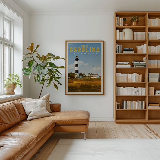 a cozy living room with a large bookshelf filled with books, a comfortable leather couch, and a framed poster of a lighthouse in the distance.