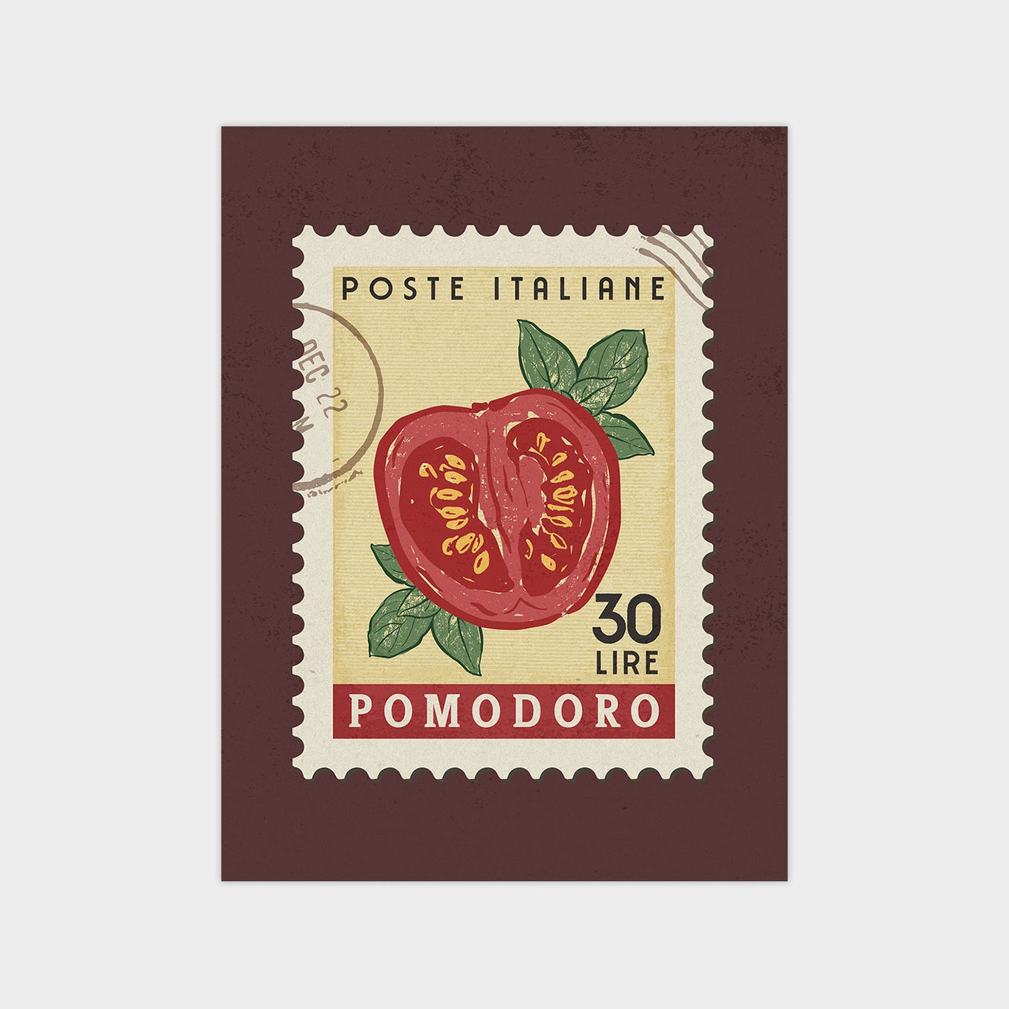 a stamp with a picture of a tomato on it