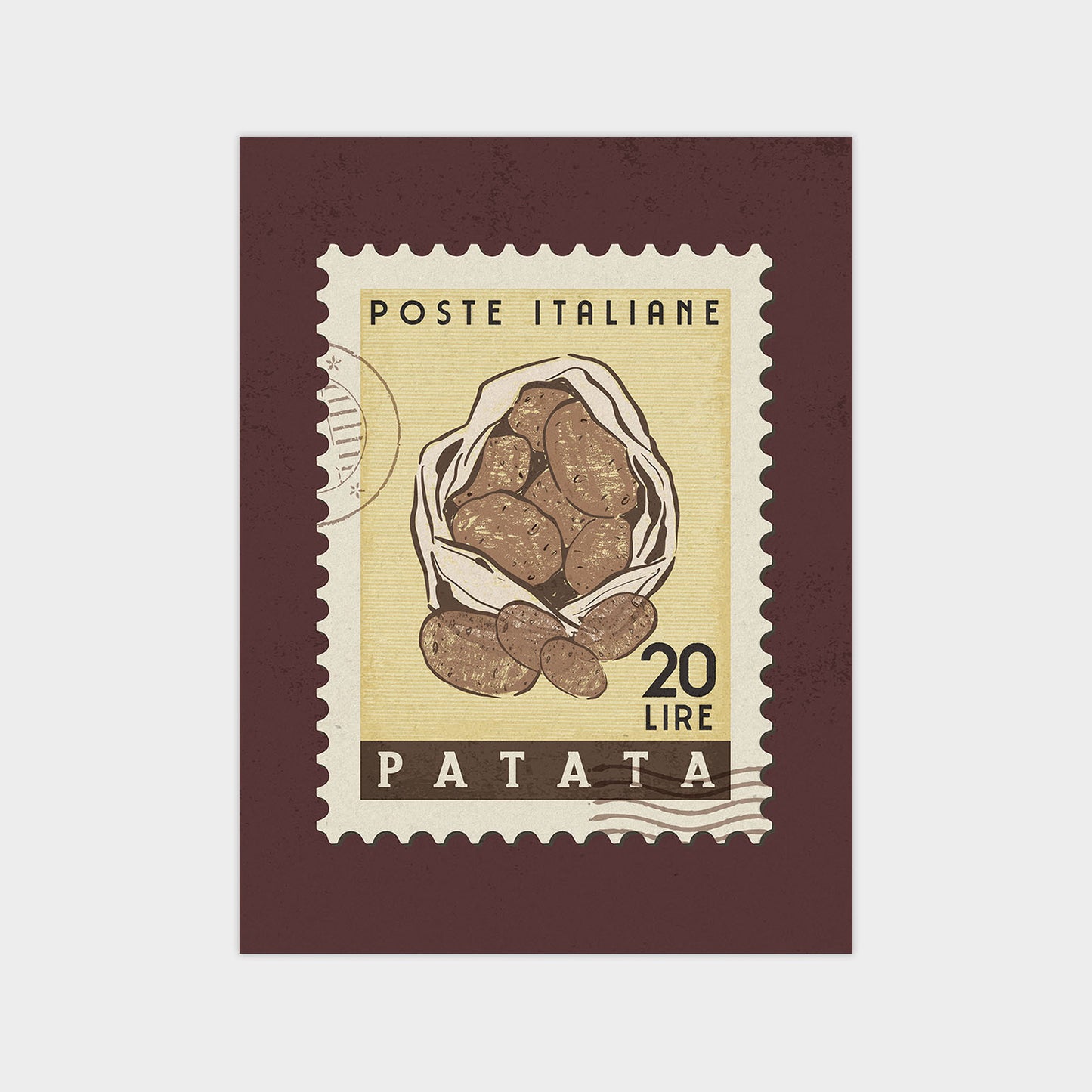 a stamp with a picture of a bag of potatoes