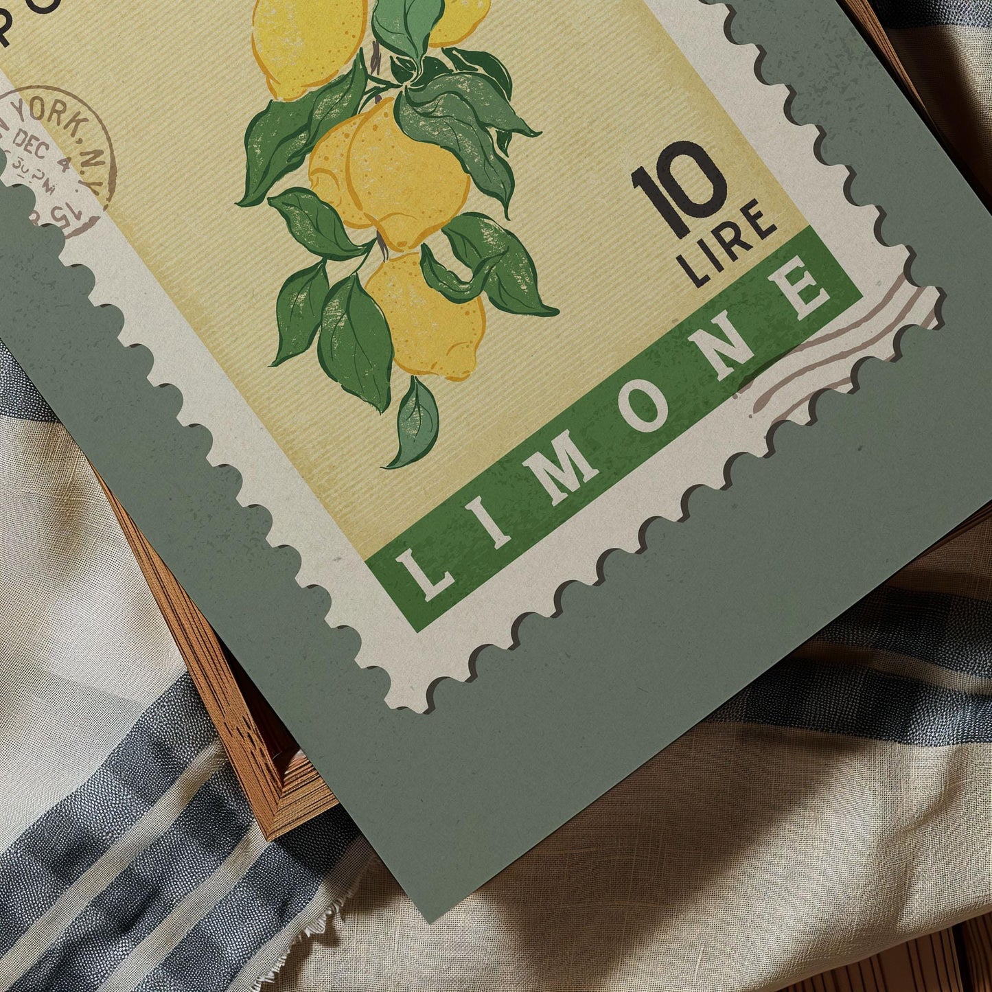 A postage stamp featuring a lemon tree illustration, with the text "LIMONE" printed on it.