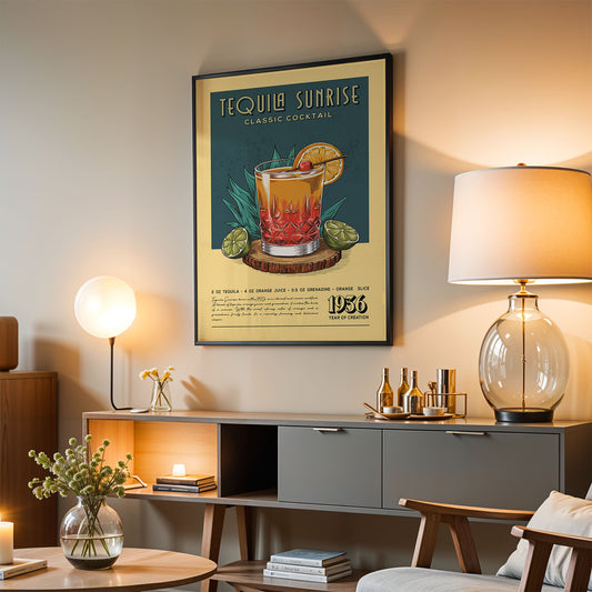 a poster of a tequila sunrise cocktail hanging on a wall in a living room.