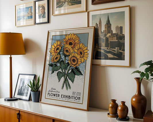 a picture of a bunch of sunflowers on a shelf