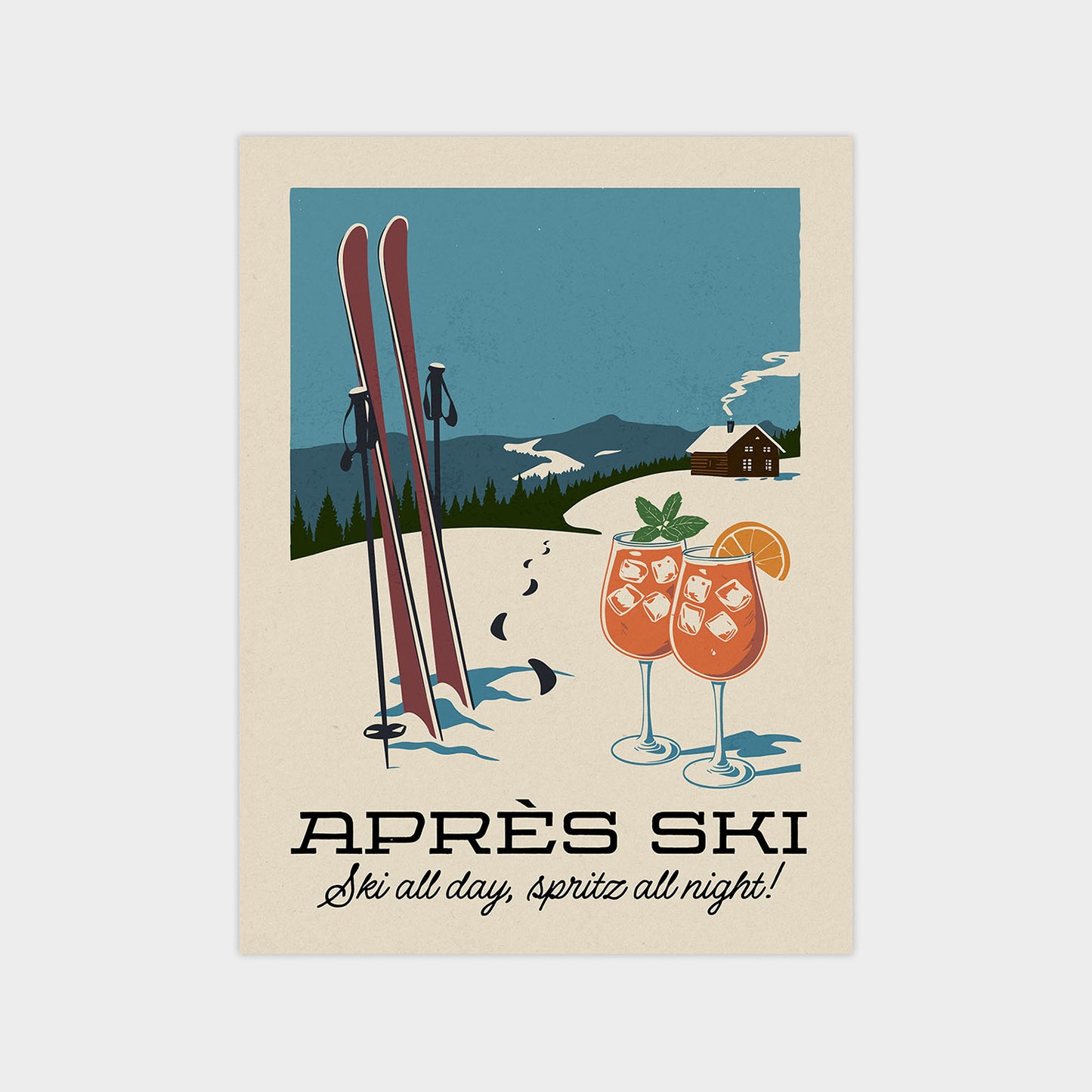 a poster of skis and a glass of wine