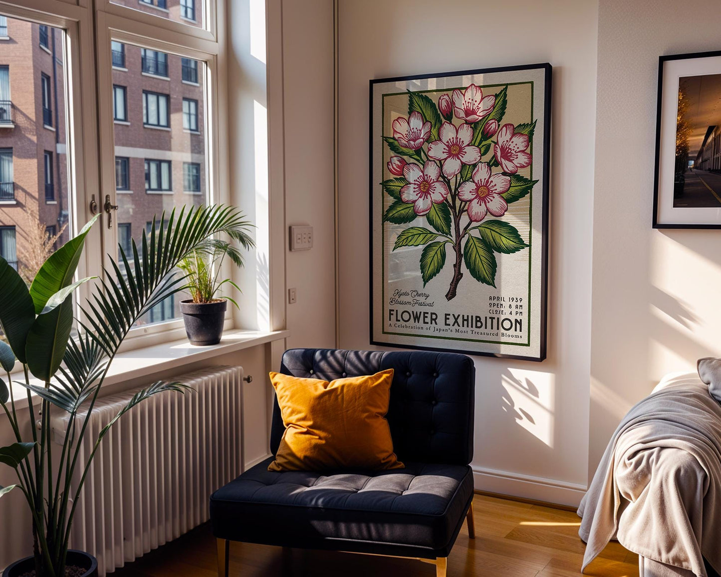 a room with a chair and a poster on the wall