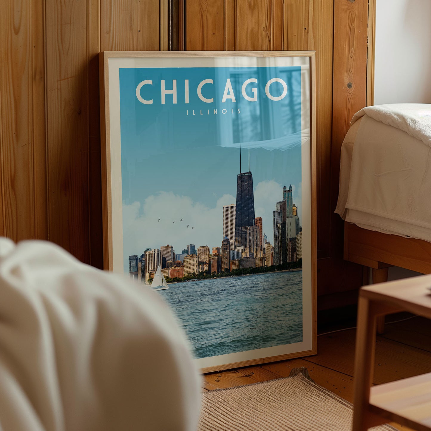 A framed poster of Chicago, Illinois, featuring the city's skyline and water.
