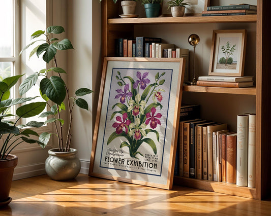 a picture of flowers on a shelf next to a potted plant