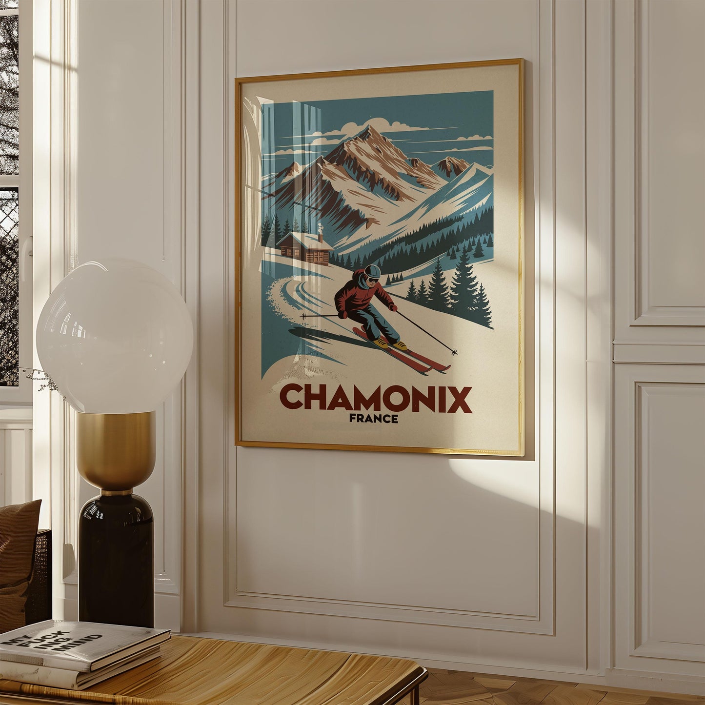 a picture of a skiier on a wall above a table