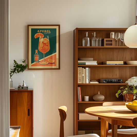 a cozy living room with a wooden bookshelf, a framed poster of an orange drink, and a wooden cabinet. The room has a warm and inviting atmosphere, with natural light streaming in from the window.