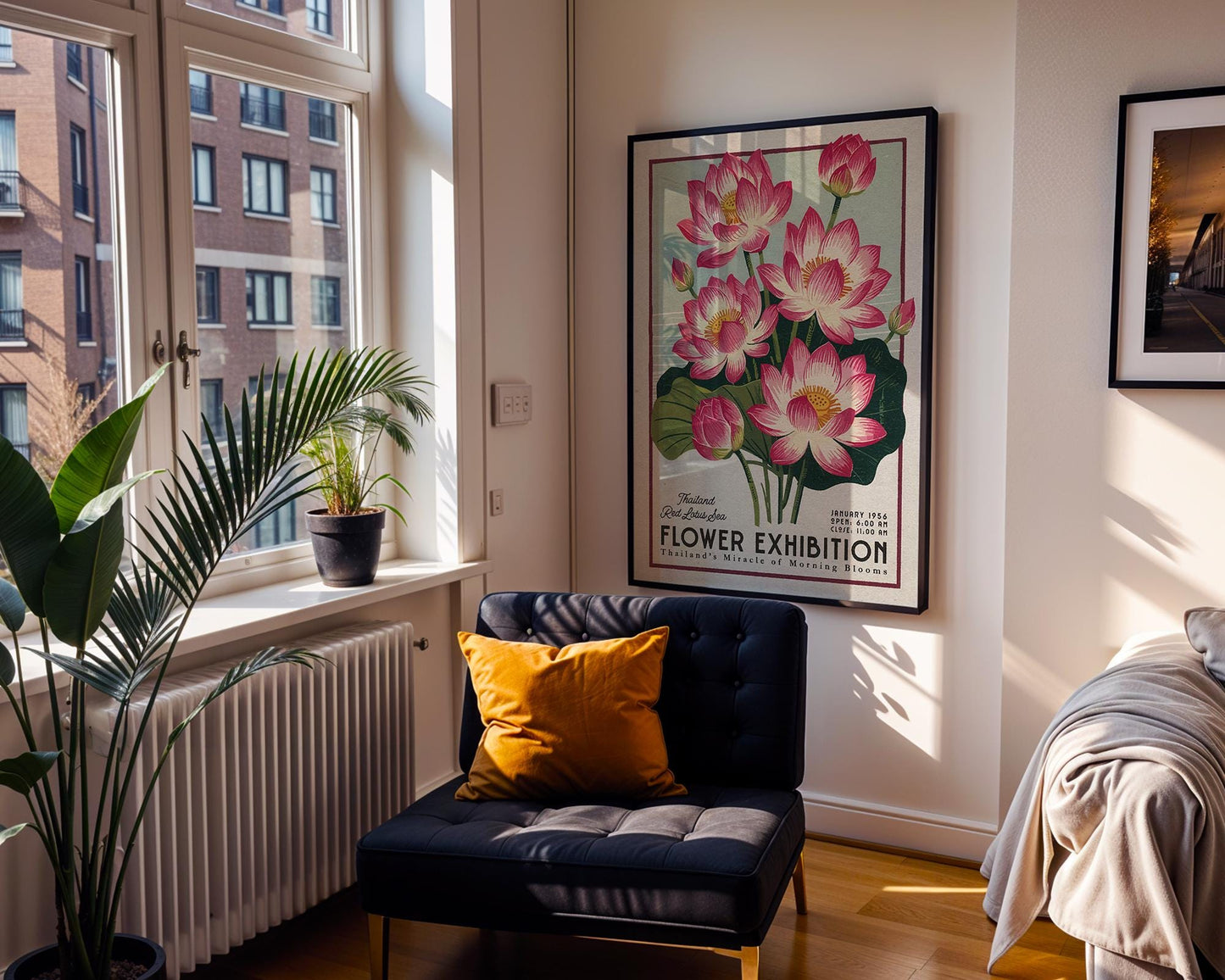 a room with a chair and a poster on the wall