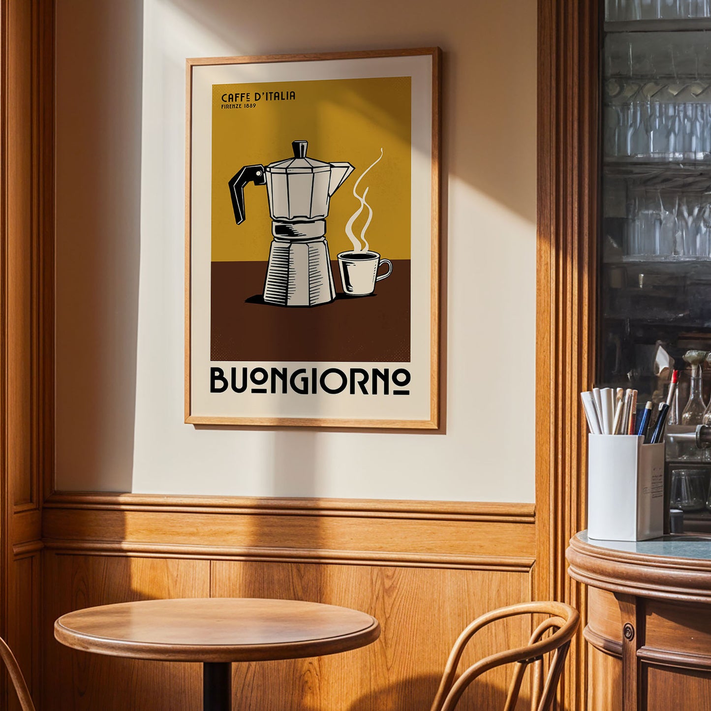 a framed poster of a coffee maker and a cup of coffee on a wooden wall, with the text "BUNENGIORNO" below the poster.