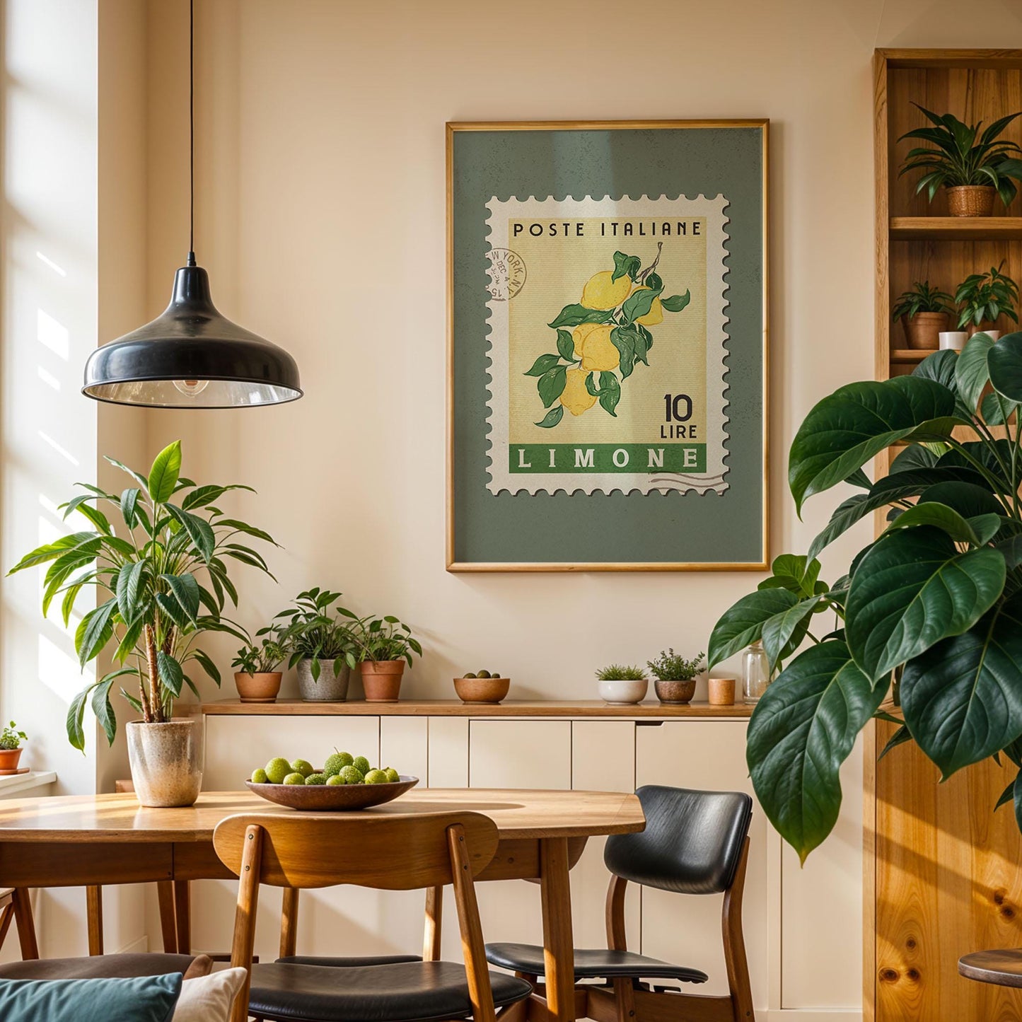 a cozy dining area with a wooden table, chairs, and a potted plant. A framed stamp with a lemon tree design hangs on the wall above the table.