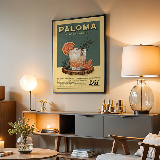 a framed poster of a cocktail on a wall, with a lamp, a table, and a vase of flowers in the foreground.