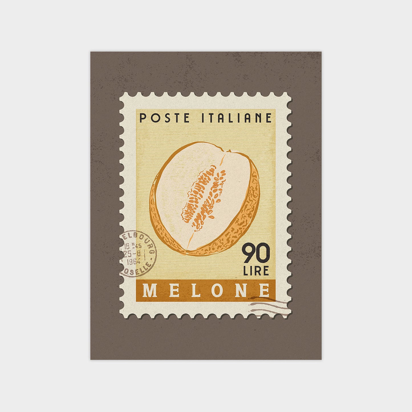 The image is a postage stamp featuring an illustration of a melon, with the text "POSTE ITALIANE" and "90 LIRRE" printed on it.
