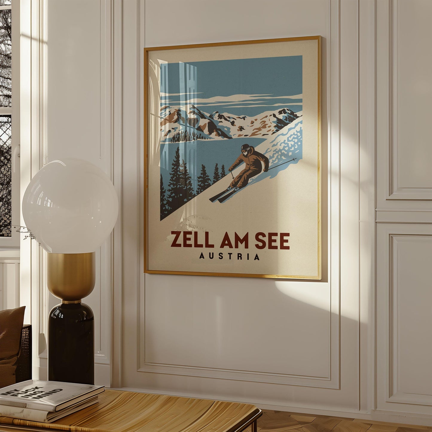 a poster hangs on the wall of a living room