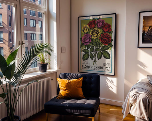 a room with a chair and a poster on the wall