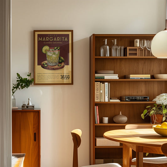 a cozy living room with a wooden bookshelf, a framed poster of a Margarita cocktail, and a wooden cabinet. The room has a warm and inviting atmosphere, with a dining table and chairs in the foreground.